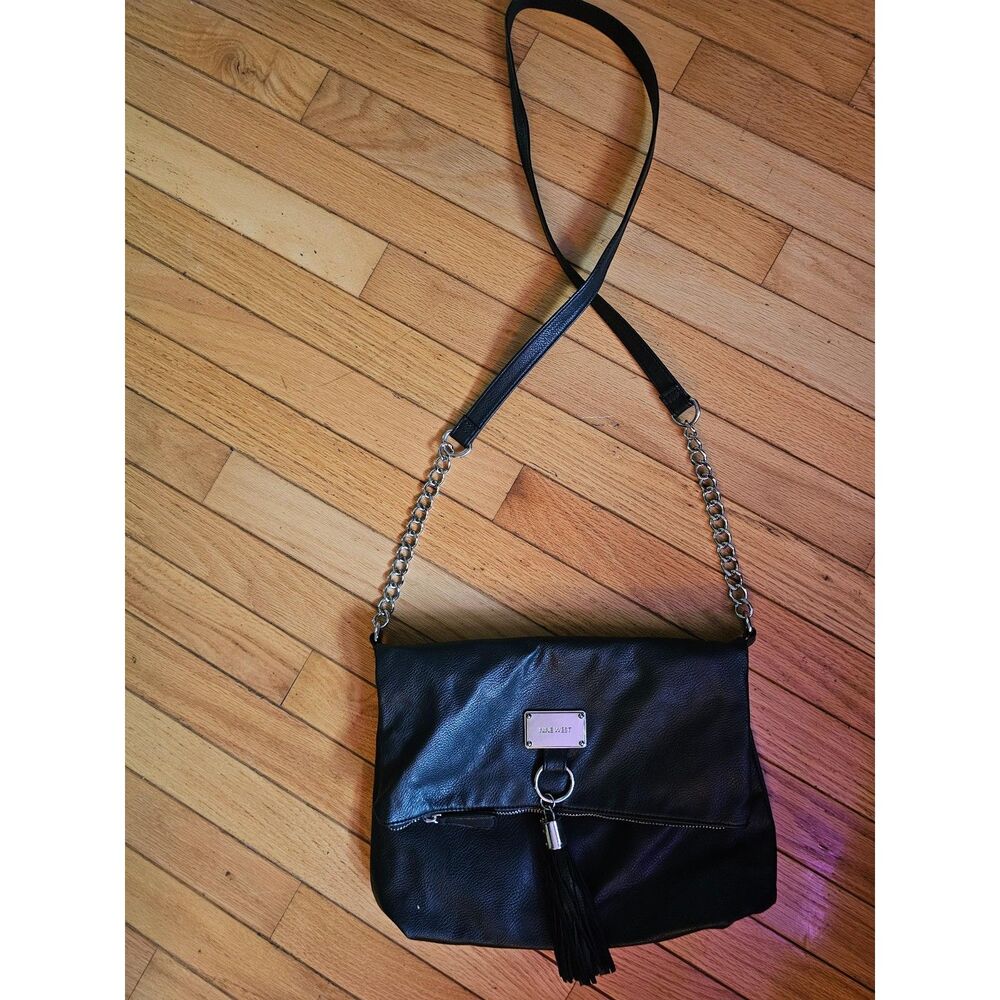 Nine West Black Vegan Leather Fold-Over Crossbody Bag Silver Chain Strap